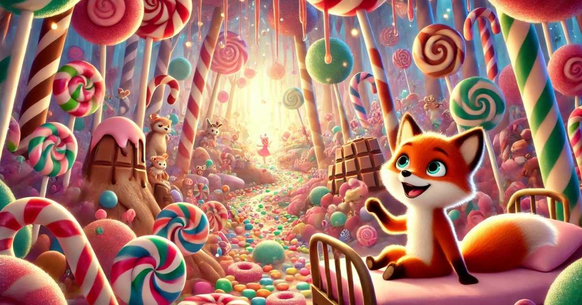 Emily and Felix the fox stand in awe as they enter the Candy Forest, filled with lollipop trees, candy canes, and chocolate rivers.