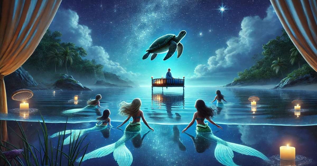 Emily watches from her floating bed as mermaids swim in a glowing lagoon, while a giant turtle rises from the water beneath a star-filled sky.