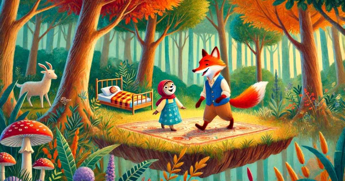 In a magical forest, Emily on her flying bed greets Felix the fox, who wears a blue vest, surrounded by friendly animals and tall trees.