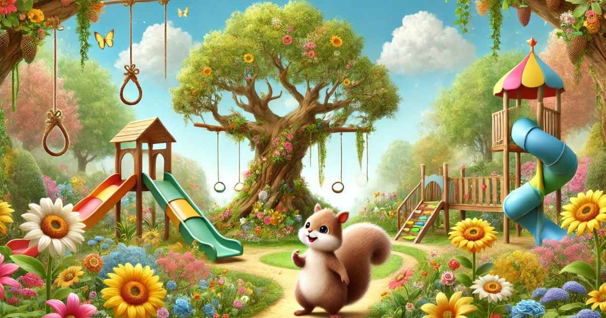 Emily and a friendly squirrel stand beneath a tree in Puzzle Park, searching for the missing golden leaves amid colorful playground equipment.