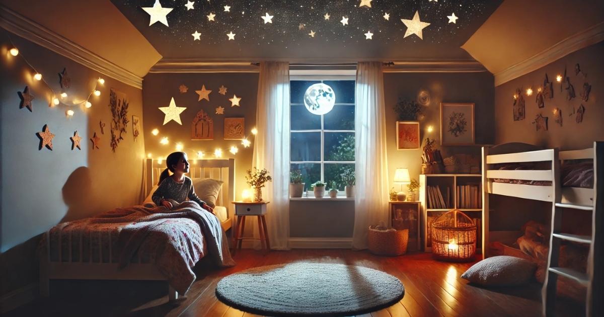 Emily’s bed floats in her cozy, star-filled bedroom as she prepares for a magical adventure, with the moon shining through the window.