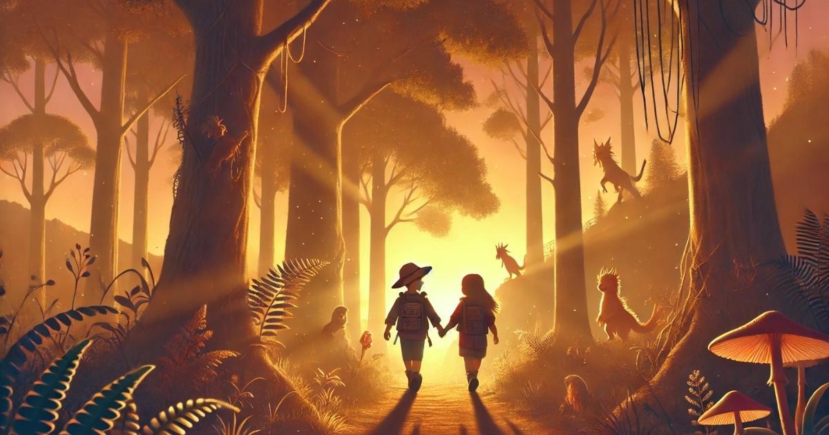 Max and Lily walking hand-in-hand through an enchanted forest at sunset, surrounded by magical creatures and golden light filtering through the trees.