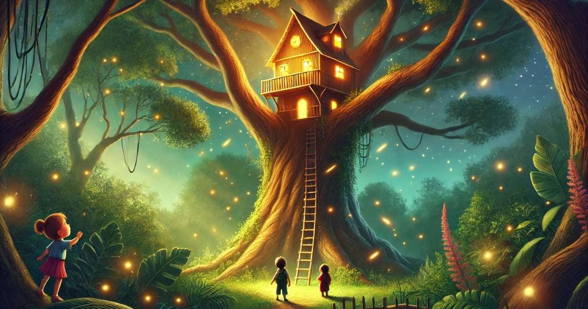 Magical treehouse in an enchanted forest with two children standing below.