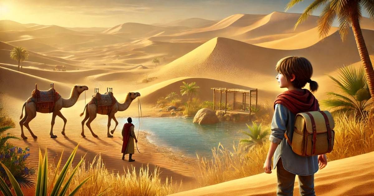 Children helping a young girl in a vast desert with a resting camel by an oasis.