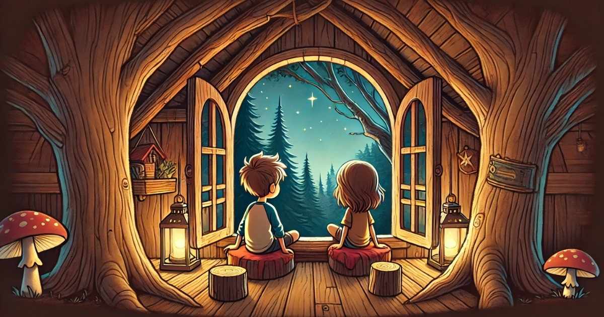 Children sitting inside a cozy treehouse, looking out at a starry night sky over a forest.