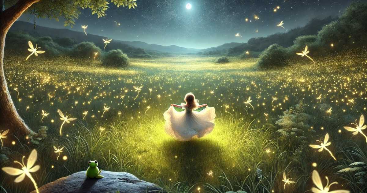 A princess joyfully twirling in a meadow at night, surrounded by hundreds of glowing fireflies, with a talking frog sitting on a rock and the moon shining above.
