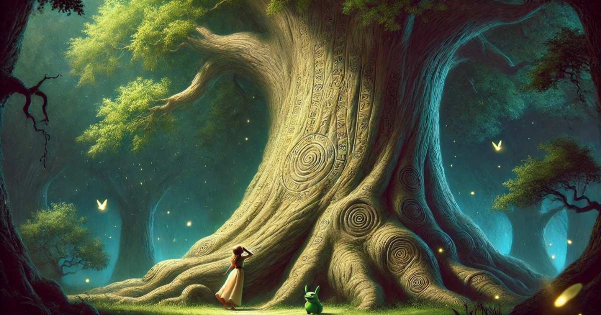 An ancient, massive tree with glowing leaves and carvings in its bark. The princess listens to the tree’s secrets while the frog watches nearby, fireflies glowing around them.