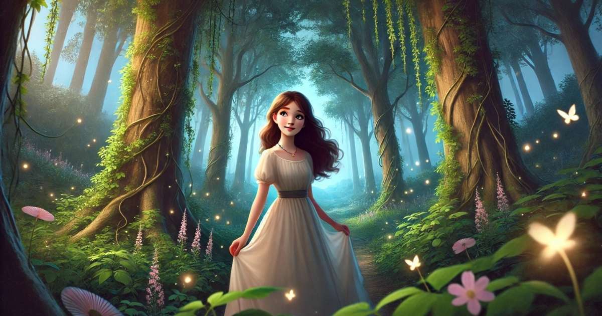 A young princess walking through a mystical forest at twilight, surrounded by tall glowing trees, shimmering leaves, and fireflies under the moonlight.