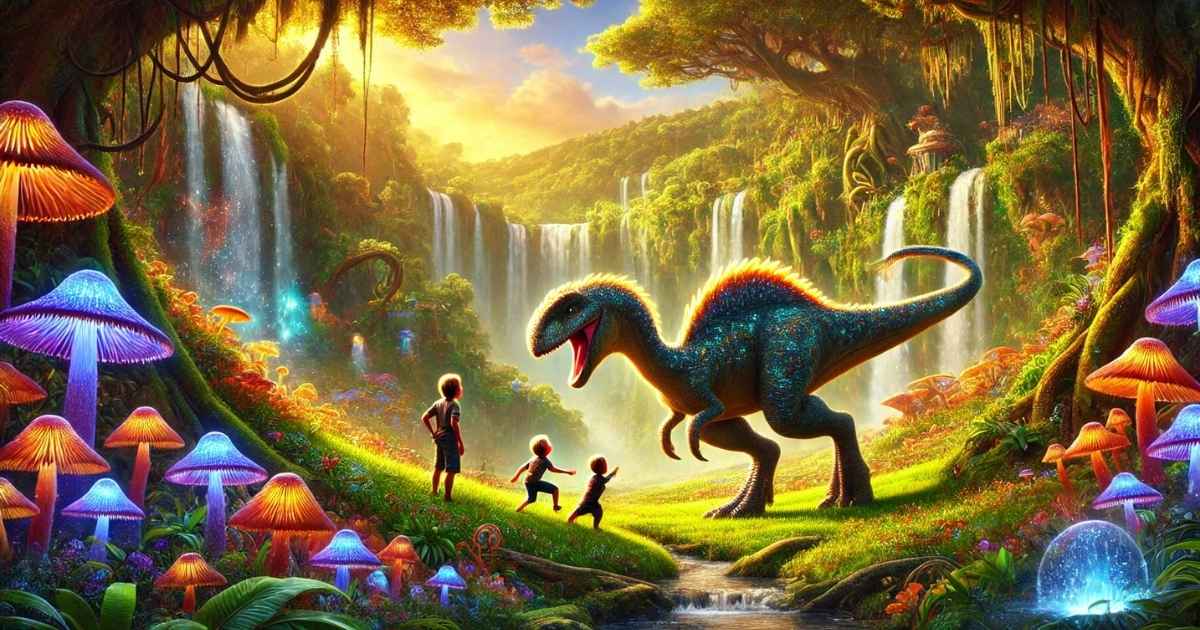 A baby dinosaur running joyfully towards its shimmering mother in a lush, magical valley with waterfalls and strange plants, while two kids watch from a distance.