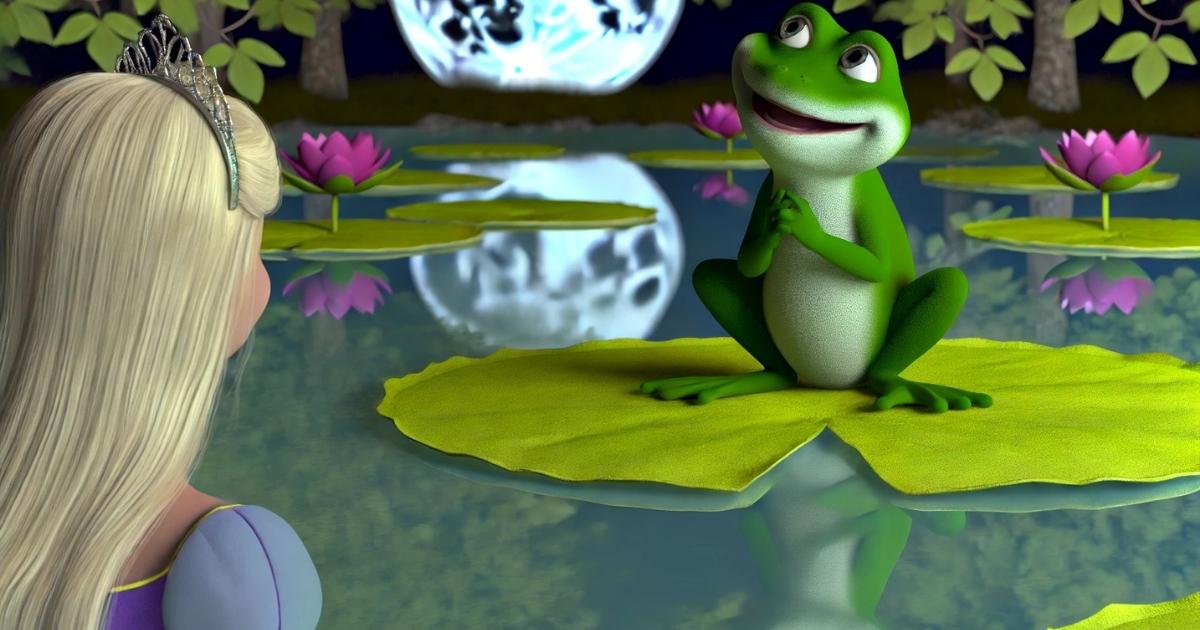 A friendly green frog sitting on a lily pad in a serene pond, speaking to a princess. The water reflects moonlight, and the scene is peaceful and magical.