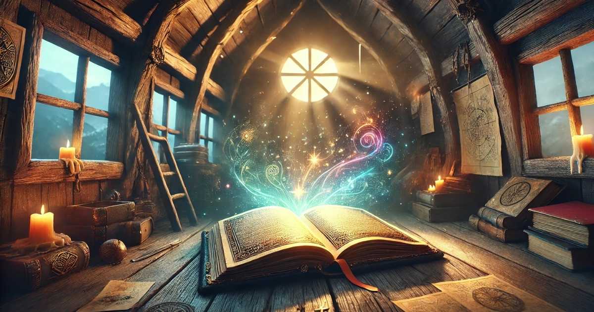 An ancient glowing book in a cozy wooden treehouse with magical swirls rising from its pages.